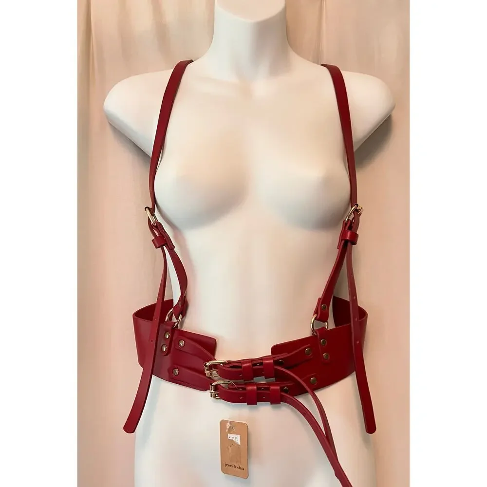 NWT Jewel & Clara red faux leather suspender harness belt adjustable body belt